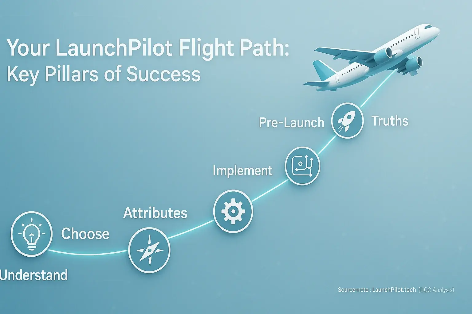 LaunchPilot flight path: Roadmap of 7 labeled research pillars for successful user feedback.