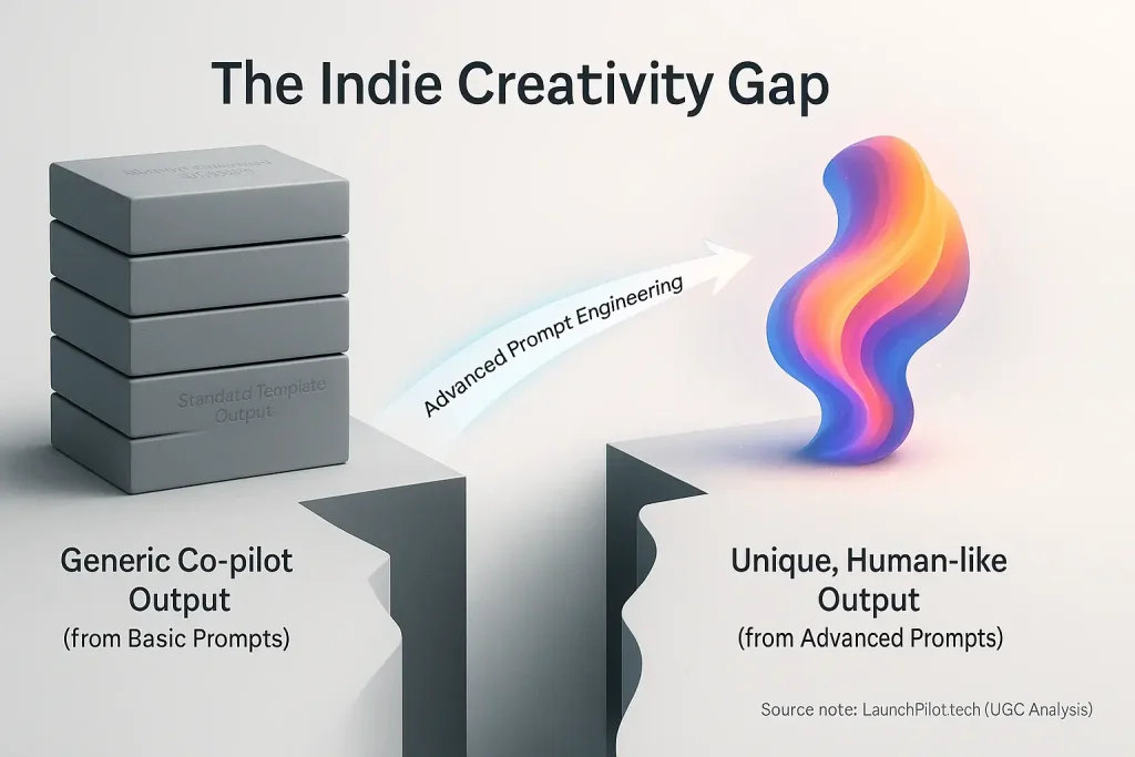 Prompt arrow bridges Indie Creativity Gap from dull grey box (generic output) to vibrant shape (unique, creative insights).