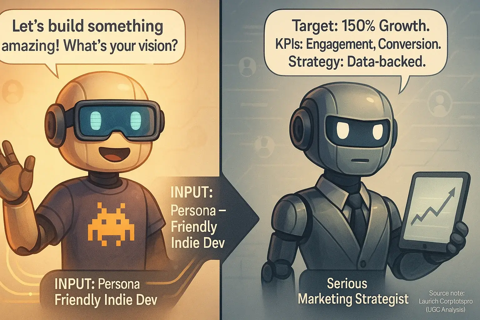 Stylized review: robot co-pilot transforms appearance & speech based on persona inputs (e.g., dev, strategist).