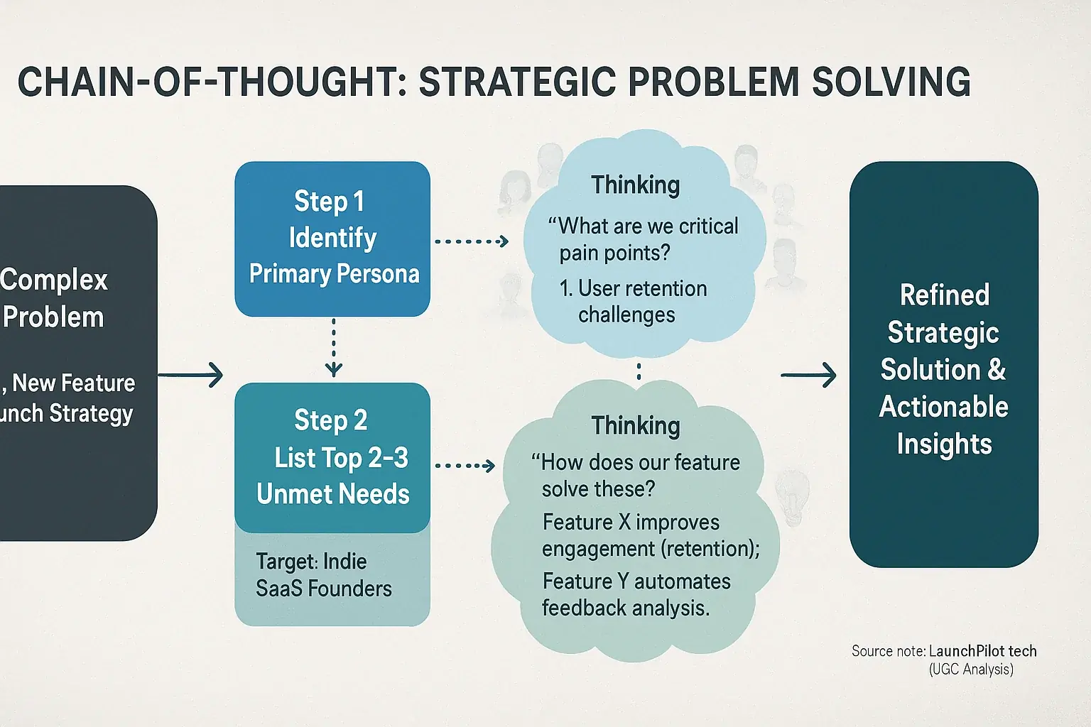 Flowchart: Chain-of-Thought steps. User reviews as 'thinking' bubbles at each stage lead to refined solutions & deeper