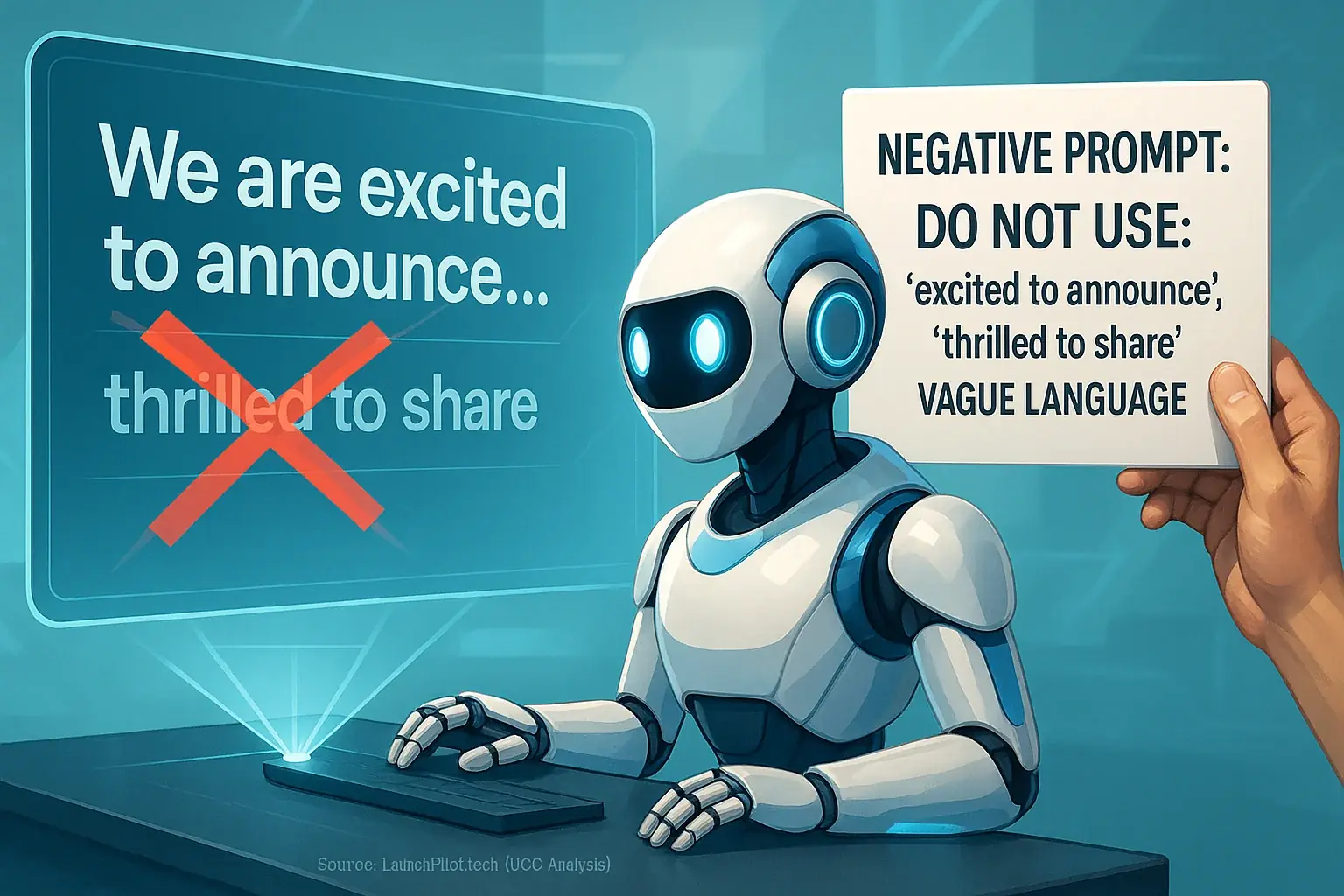 Human hand with 'Negative Prompt' sign guides analytical analysis co-pilot to X out generic phrases for unique, clear