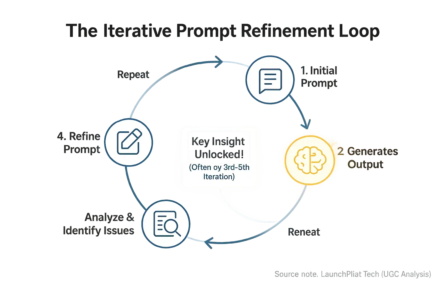 Circular flow: Initial Prompt -> Team Output -> Analyze Issues -> Refine Prompt -> Repeat, for continuous prompt improvement.