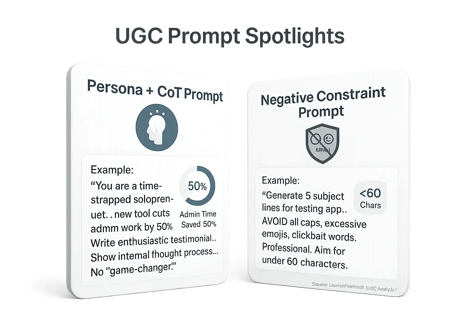 Infographic: Prompt library showcasing impactful indie maker prompts (persona, CoT, negative) as cards with effect icons.
