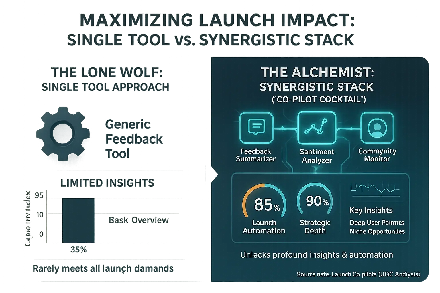 Infographic: Single tool vs. synergistic stack, showing stack&#x27;s increased capabilities &amp; efficiency for indie launches.