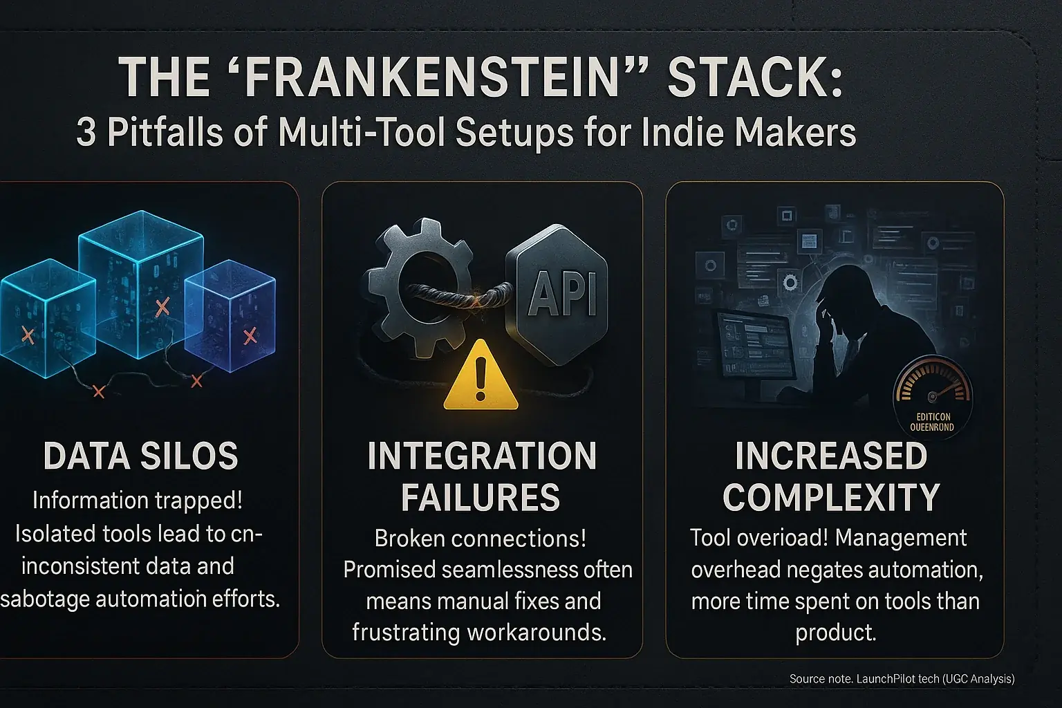 Infographic: Visual warnings highlight data silos, integration failures, &amp; complexity from stacked tools.