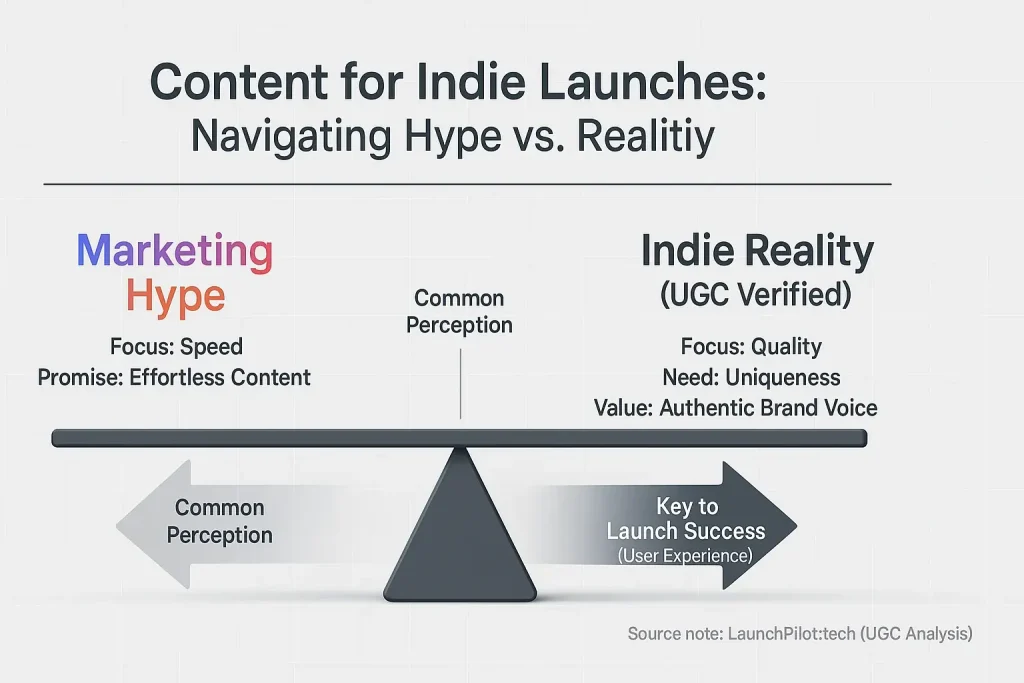 Scale: 'Review Feedback Hype' vs 'Indie Reality' for analytical content, showing common beliefs vs user experience.