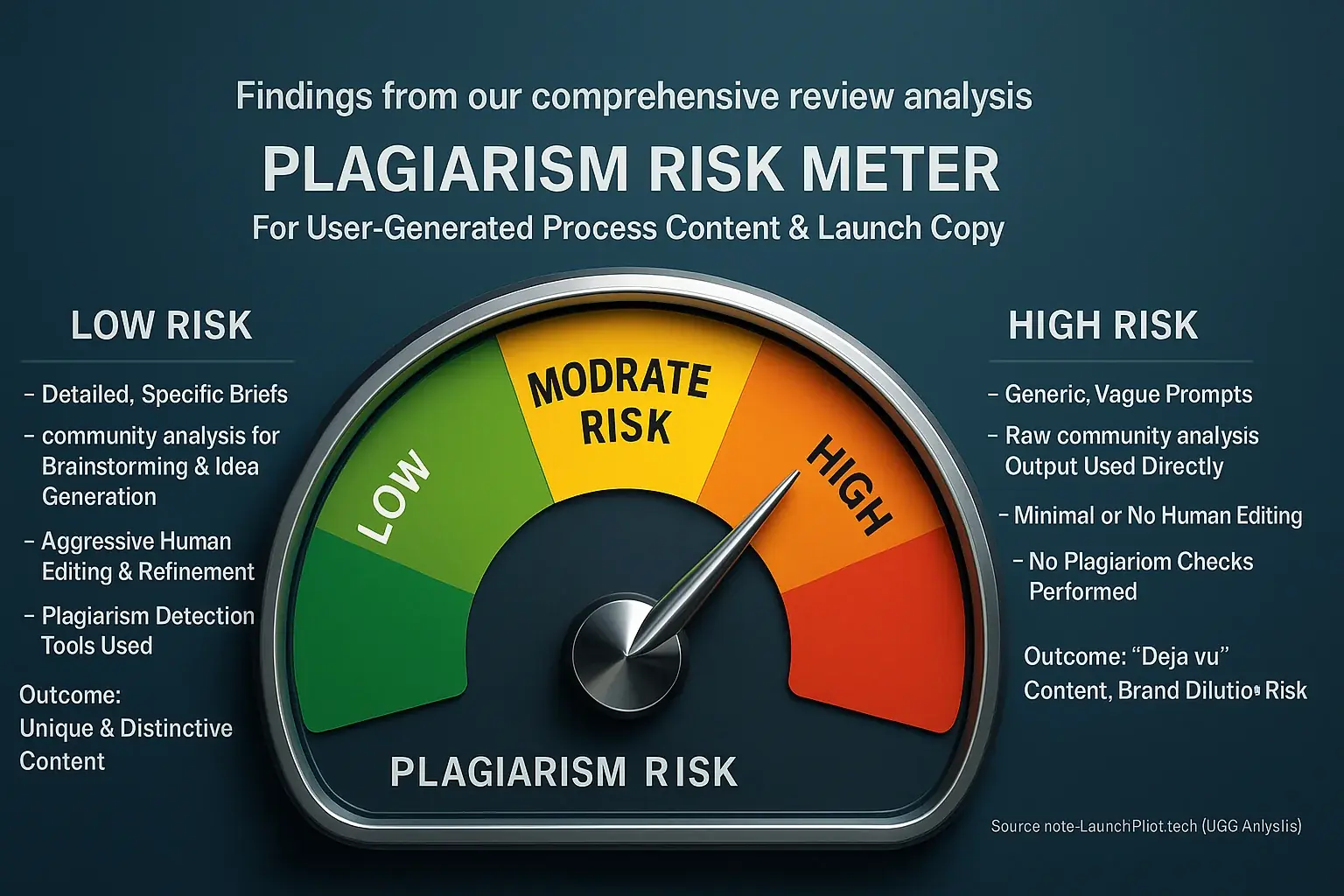 Plagiarism risk meter with dial: detailed briefs lower risk (per user reports), generic prompts increase it.