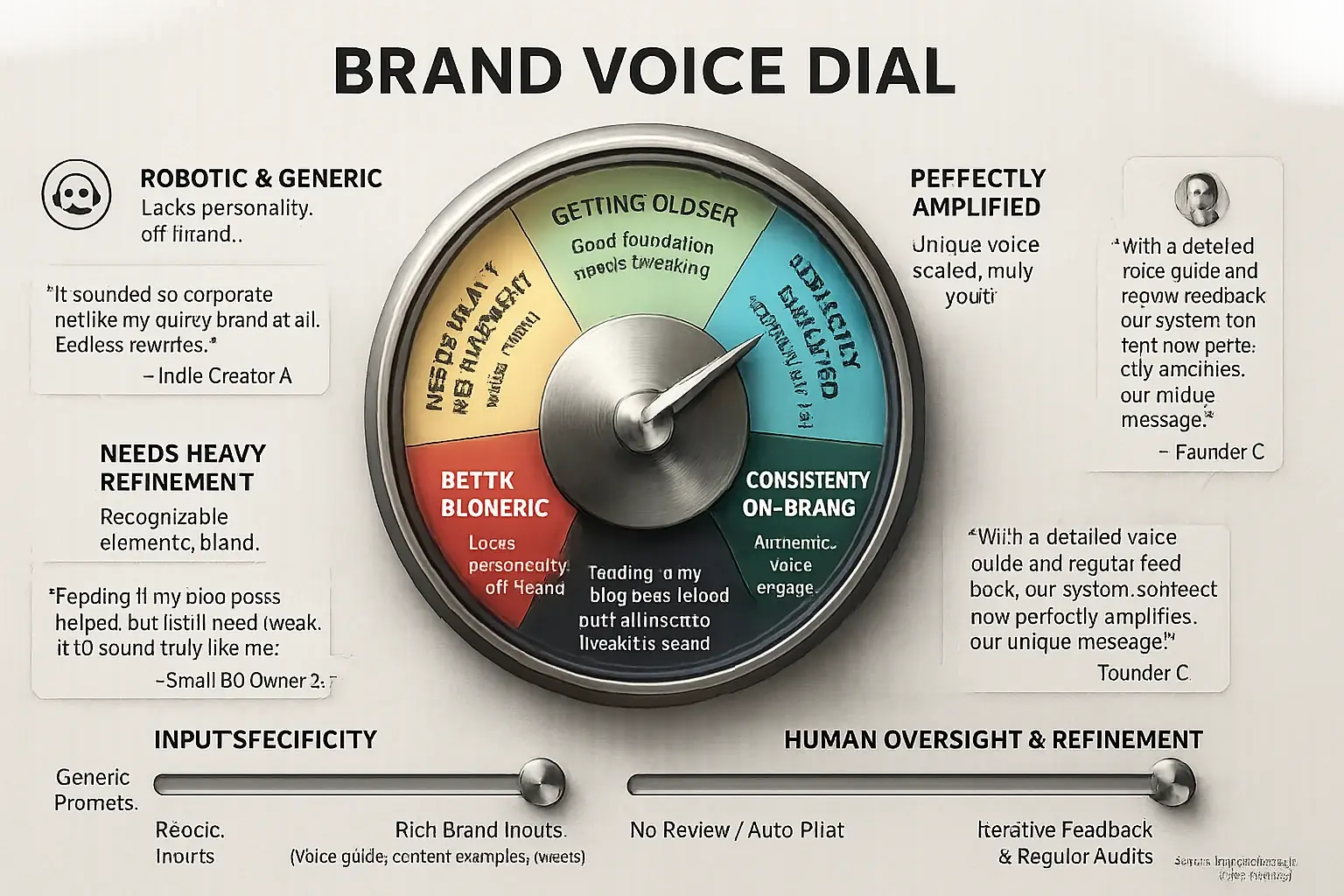 Brand voice dial: Quality input & human refinement make analytical discussions sound like you, not generic. User quotes
