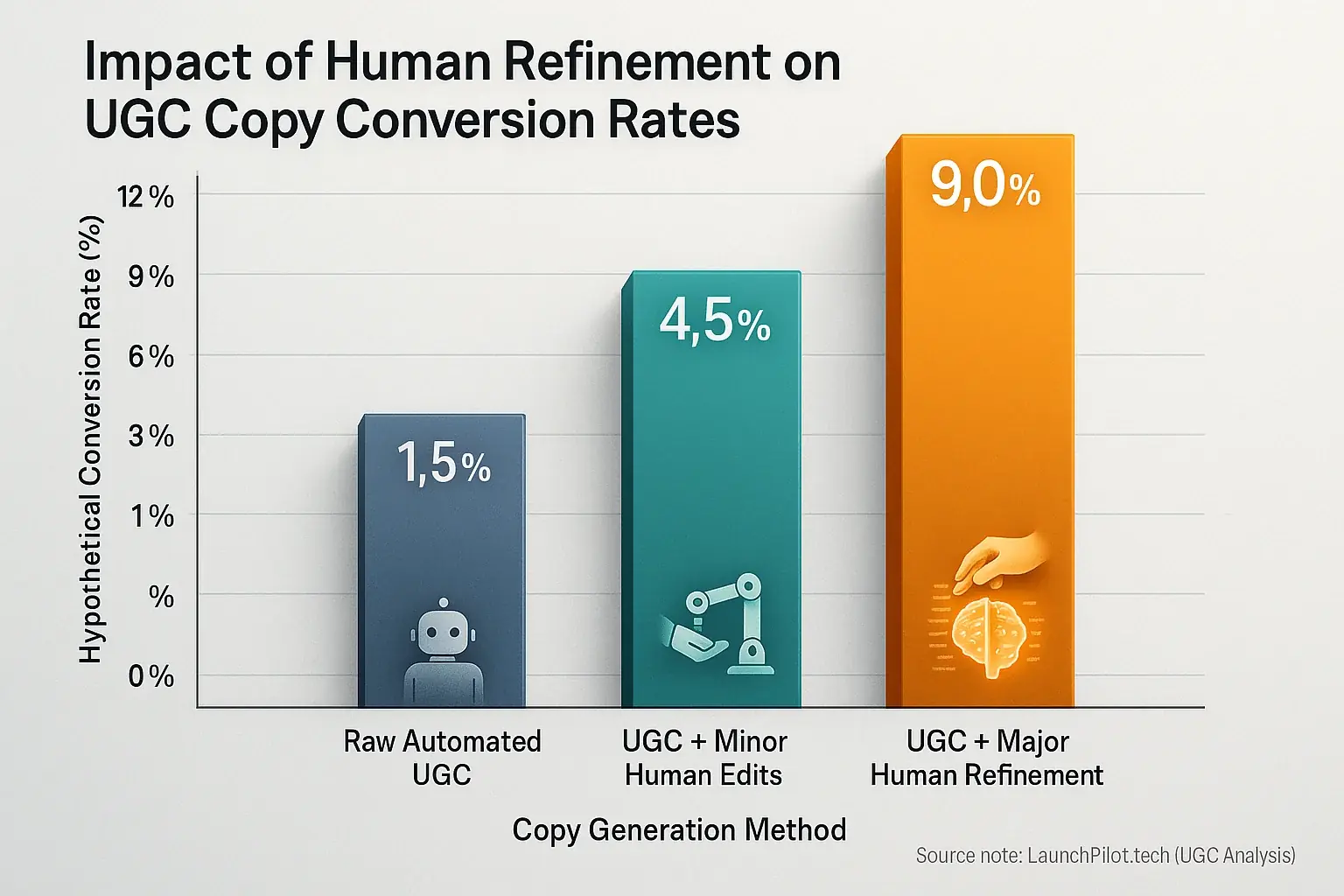 Bar chart: Highest conversion rates for user team copy with significant human refinement, showing human touch boosts