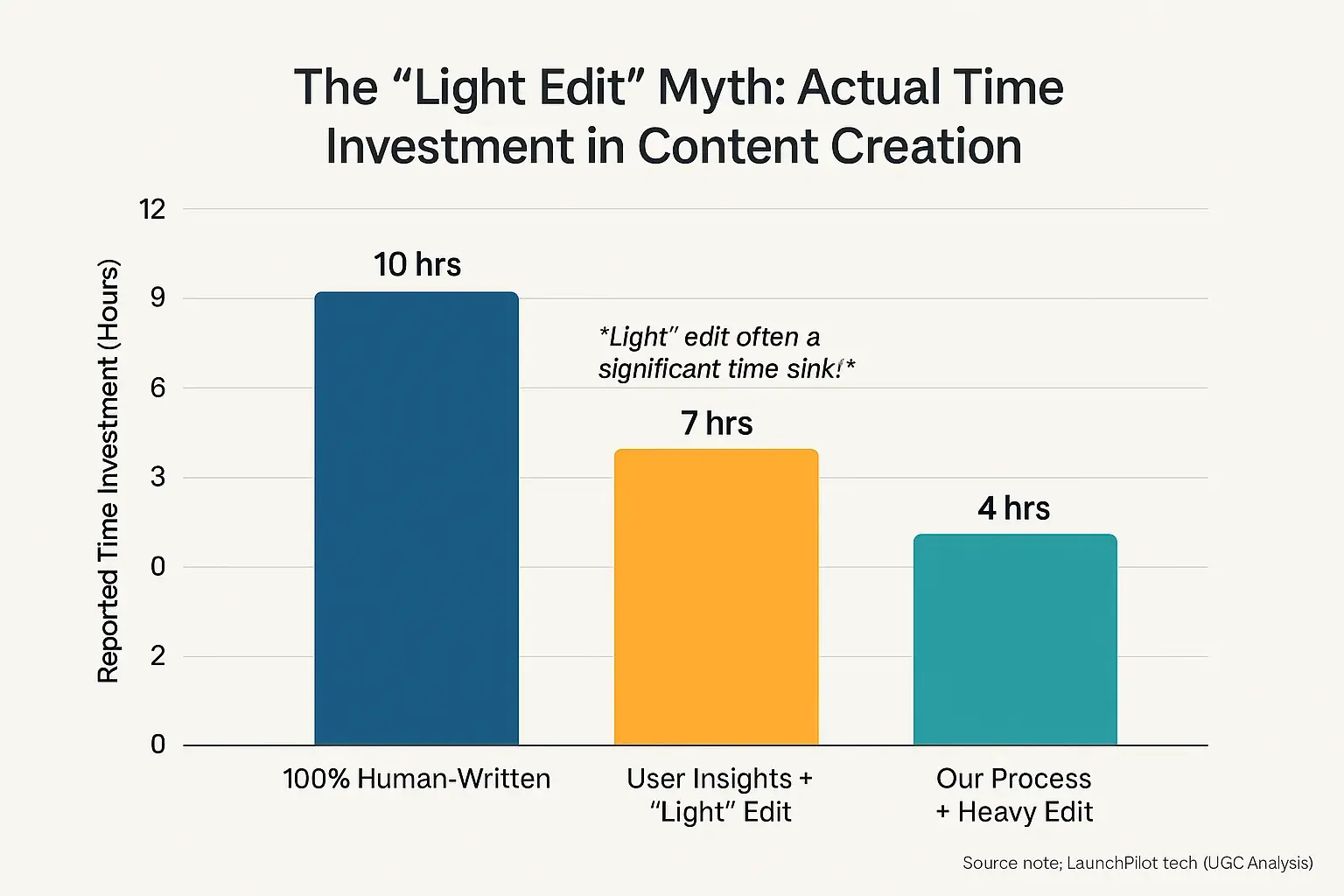 Bar chart: Time for human-written vs. team info + light edit vs. data + heavy edit. Light edit proves a time-consuming myth.