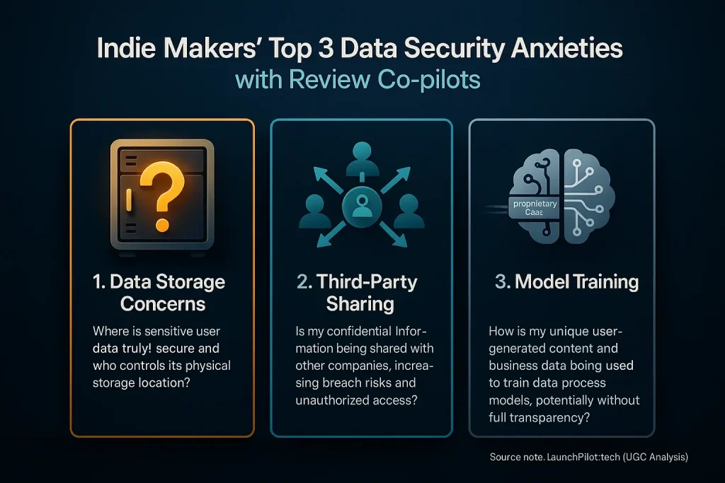 Ranked list of top 3 data security concerns for indie makers using team tools: Data Storage, Model Training, 3rd-Party