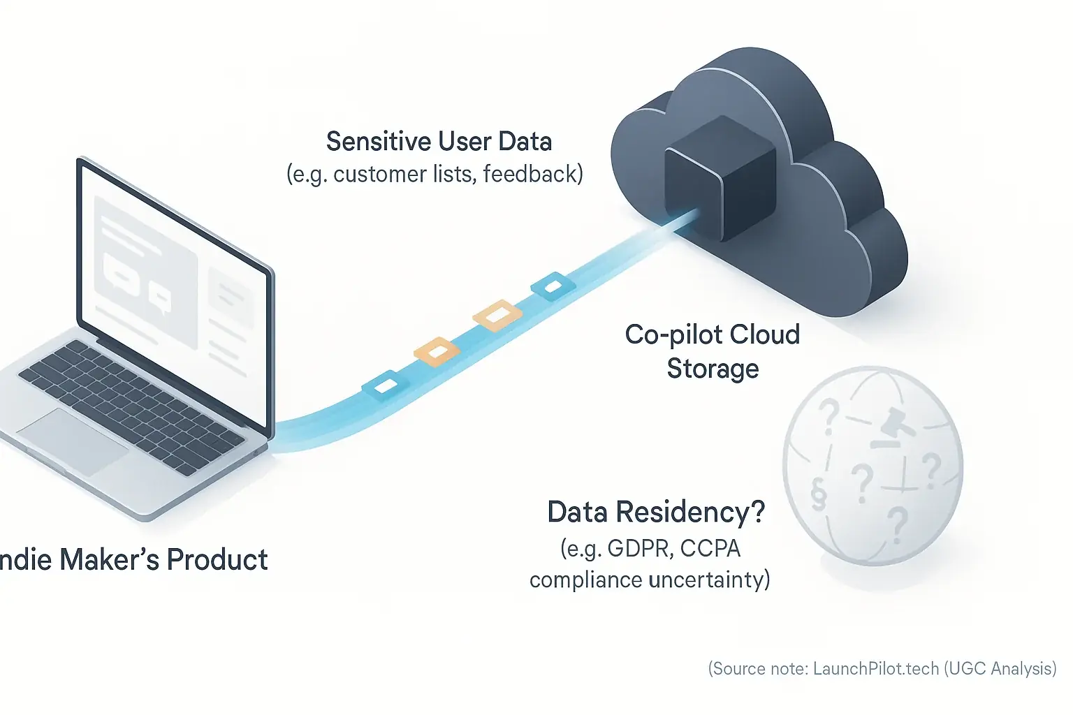 Diagram: Data flow from indie maker's product to co-pilot cloud, highlighting data residency & third-party access concerns.