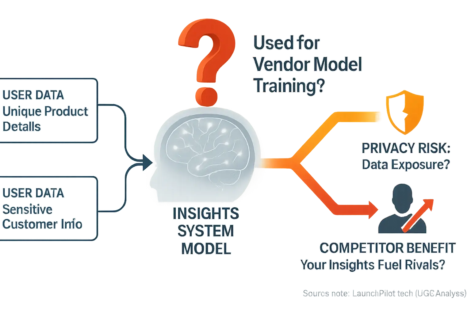 Data flow into insights model, questioning training use, privacy risks, and competitor gains.