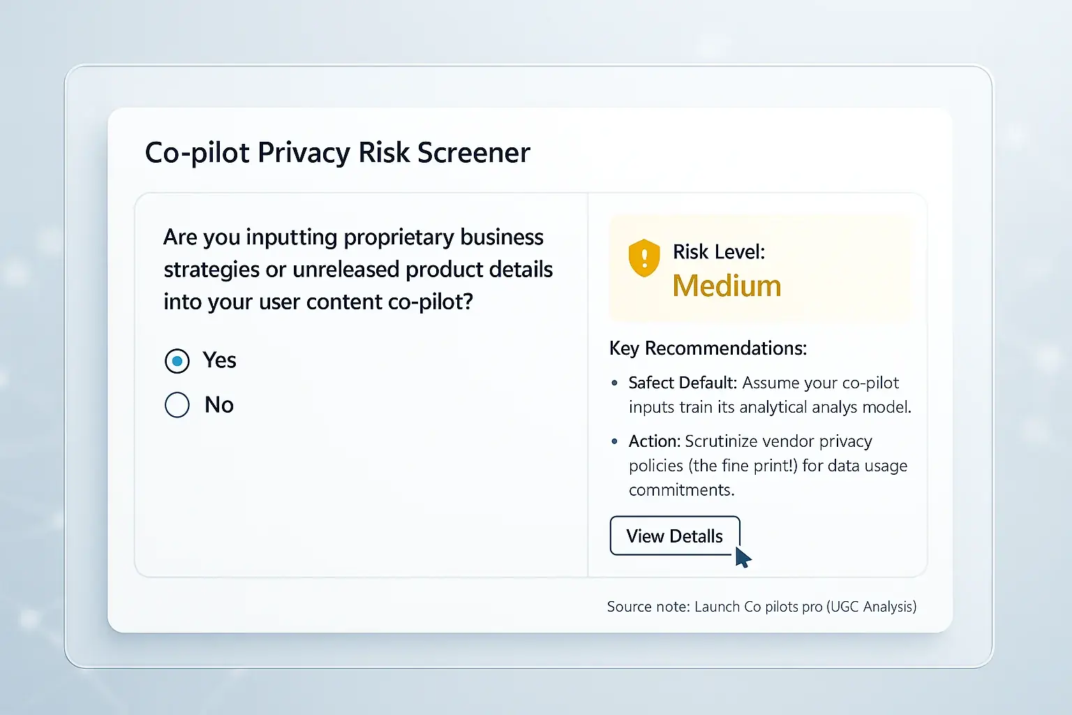 Co-pilot Privacy Risk Screener tool displays a user's question, a 'Medium' risk level, and tips to identify vulnerabilities