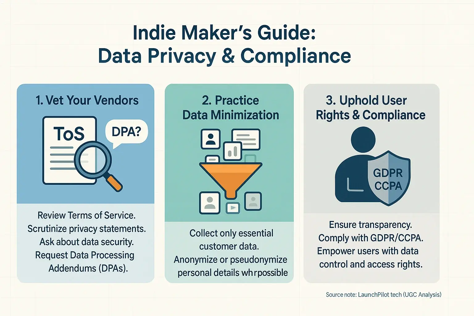 Infographic: Key steps for indie makers' data privacy & compliance with tools: Read ToS, Ask Questions, Data Minimization.