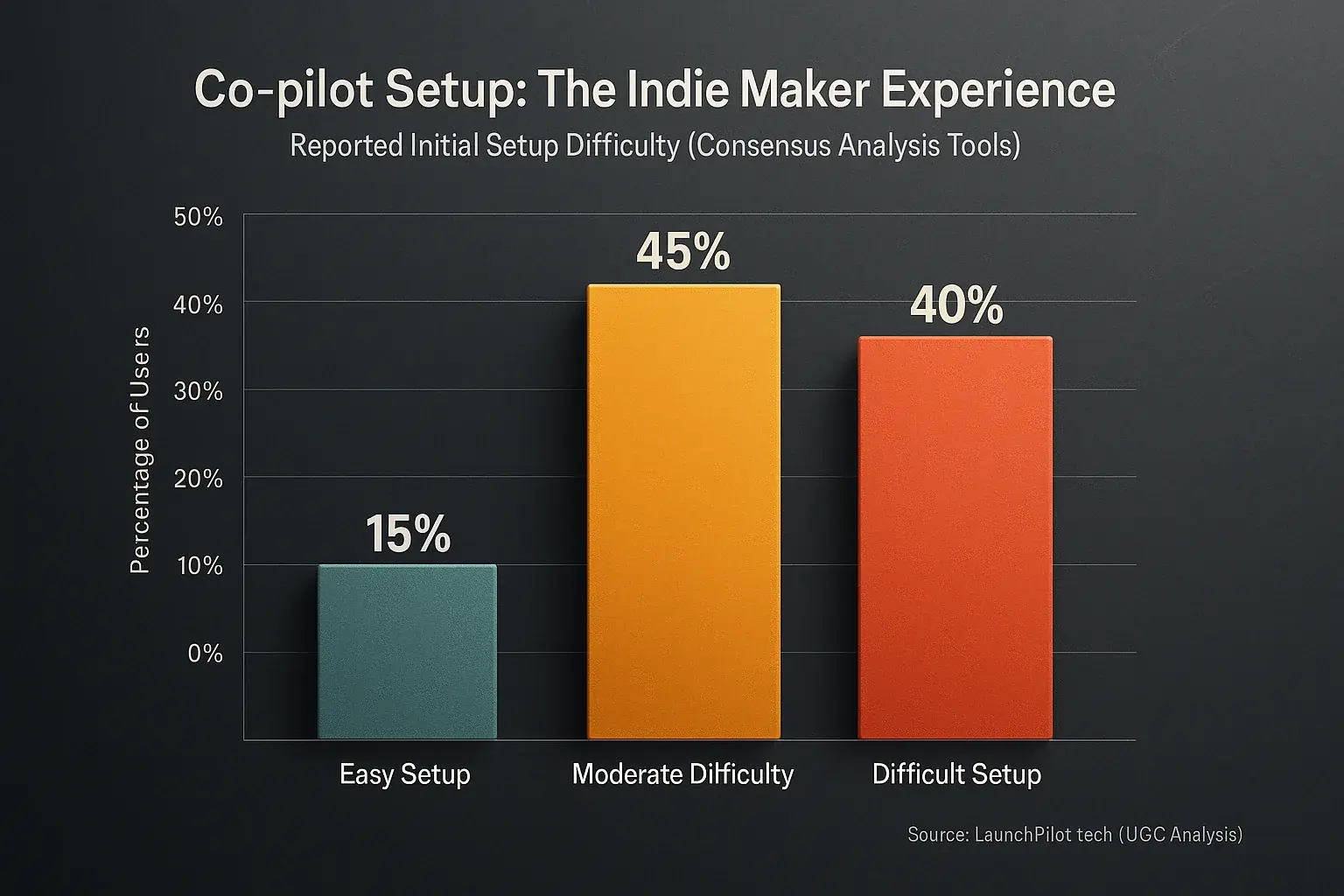 Bar chart: User data shows feedback co-pilot setup is mostly 'Moderate' or 'Difficult' for indies, not 'Plug & Play' easy.