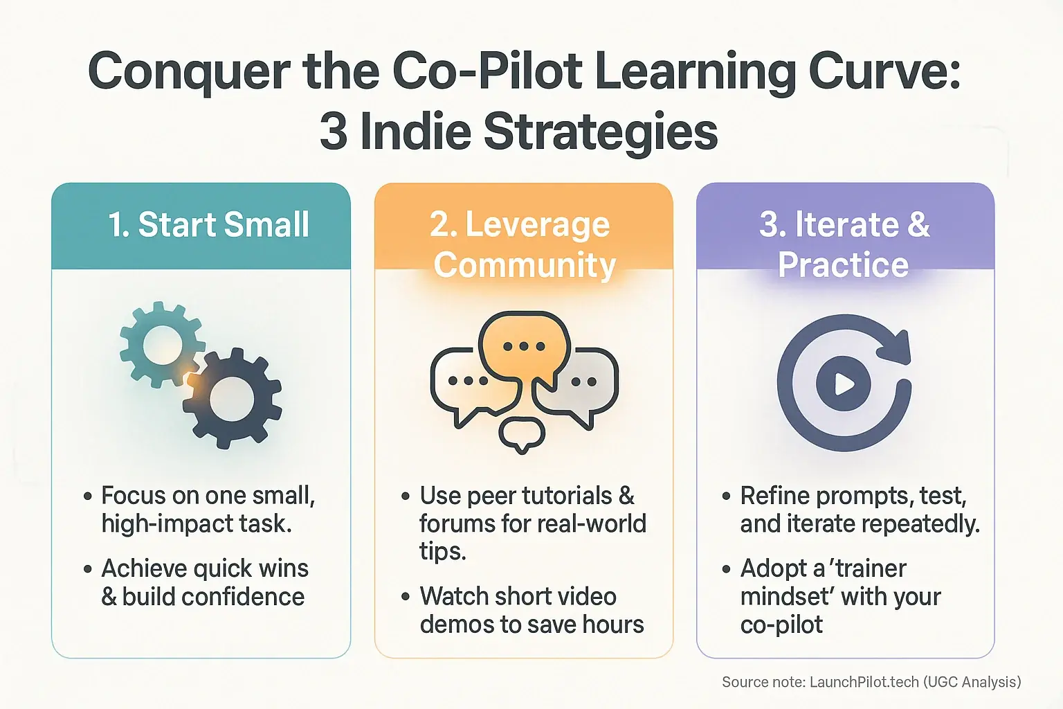 Infographic: 3 key indie maker strategies for data shows co-pilots: Start Small, Leverage Community, Iterate & Practice.