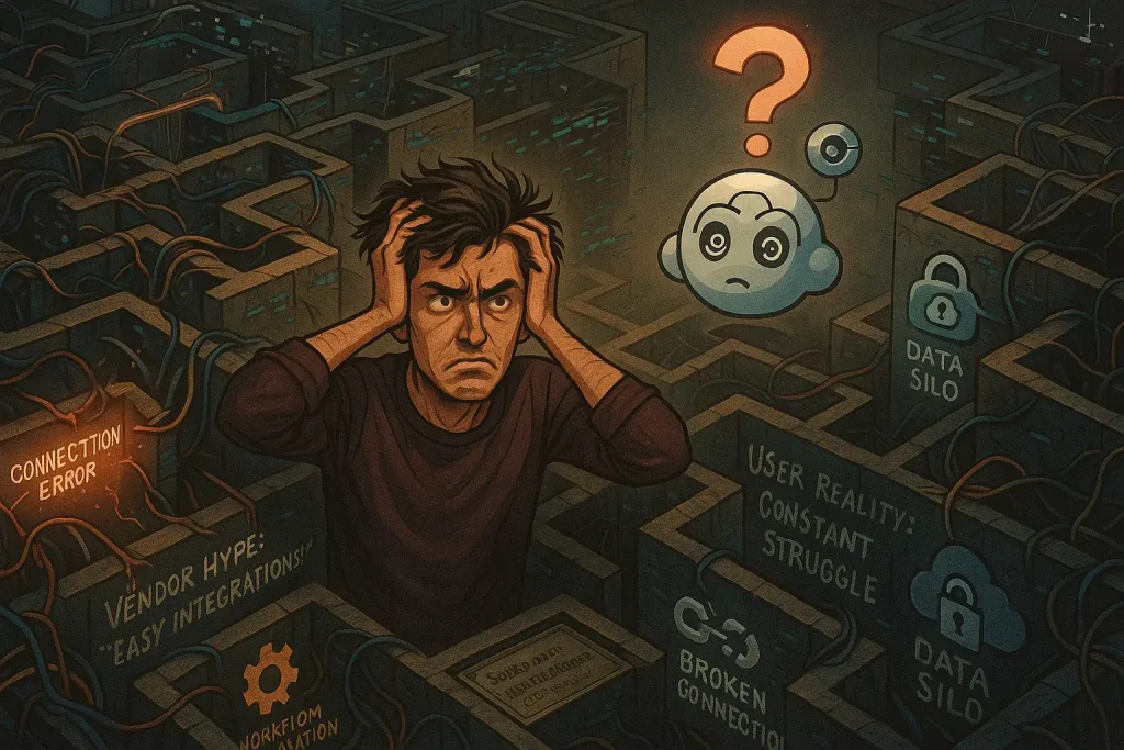 Tangled maze of digital integrations overwhelms a frustrated indie maker; confused co-pilot icon observes.