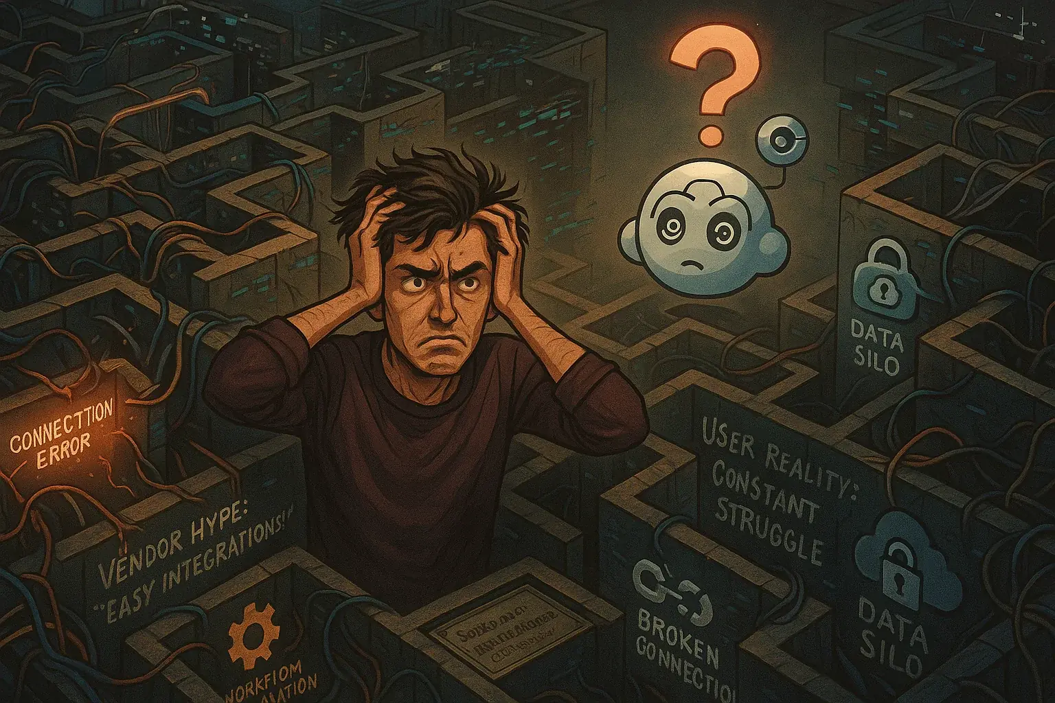 Tangled maze of digital integrations overwhelms a frustrated indie maker; confused co-pilot icon observes.
