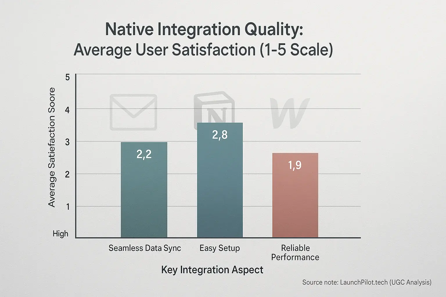 Bar chart: User satisfaction (1-5) for indie tool integrations across co-pilots, comparing sync, setup, and performance.