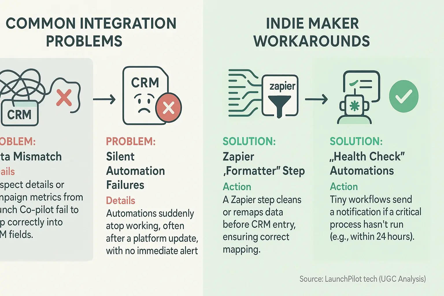 Split infographic of problem-solution pairs: integration issues (X) vs. indie maker workarounds (✅) saving launches.
