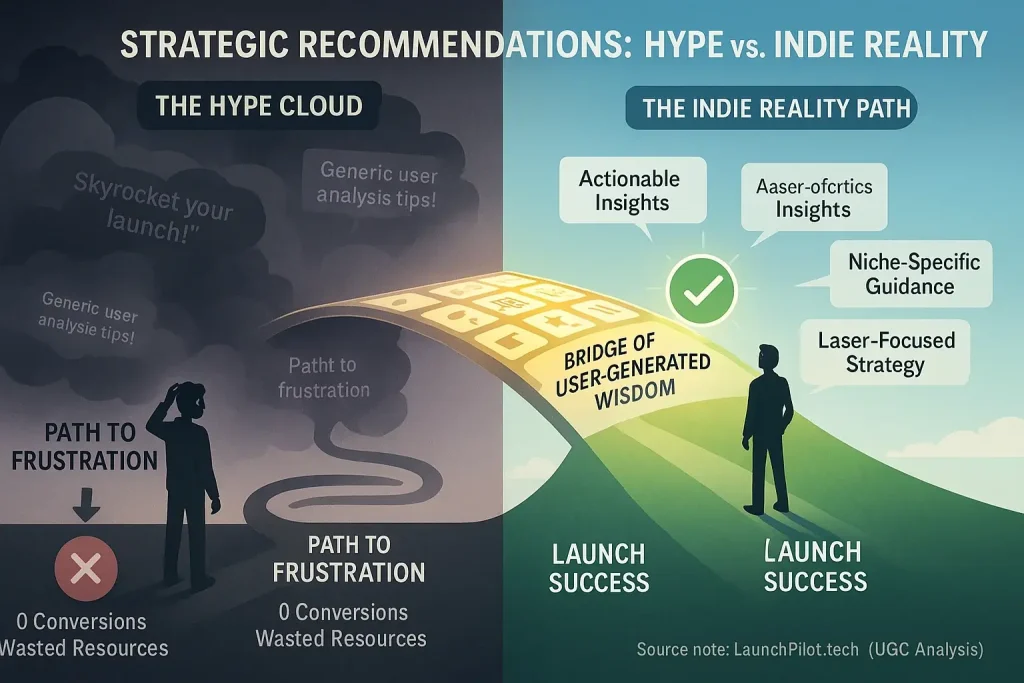 Hype (clouds) contrasts with Indie Reality (actionable insights); user reviews bridge to niche guidance, your lifeline.