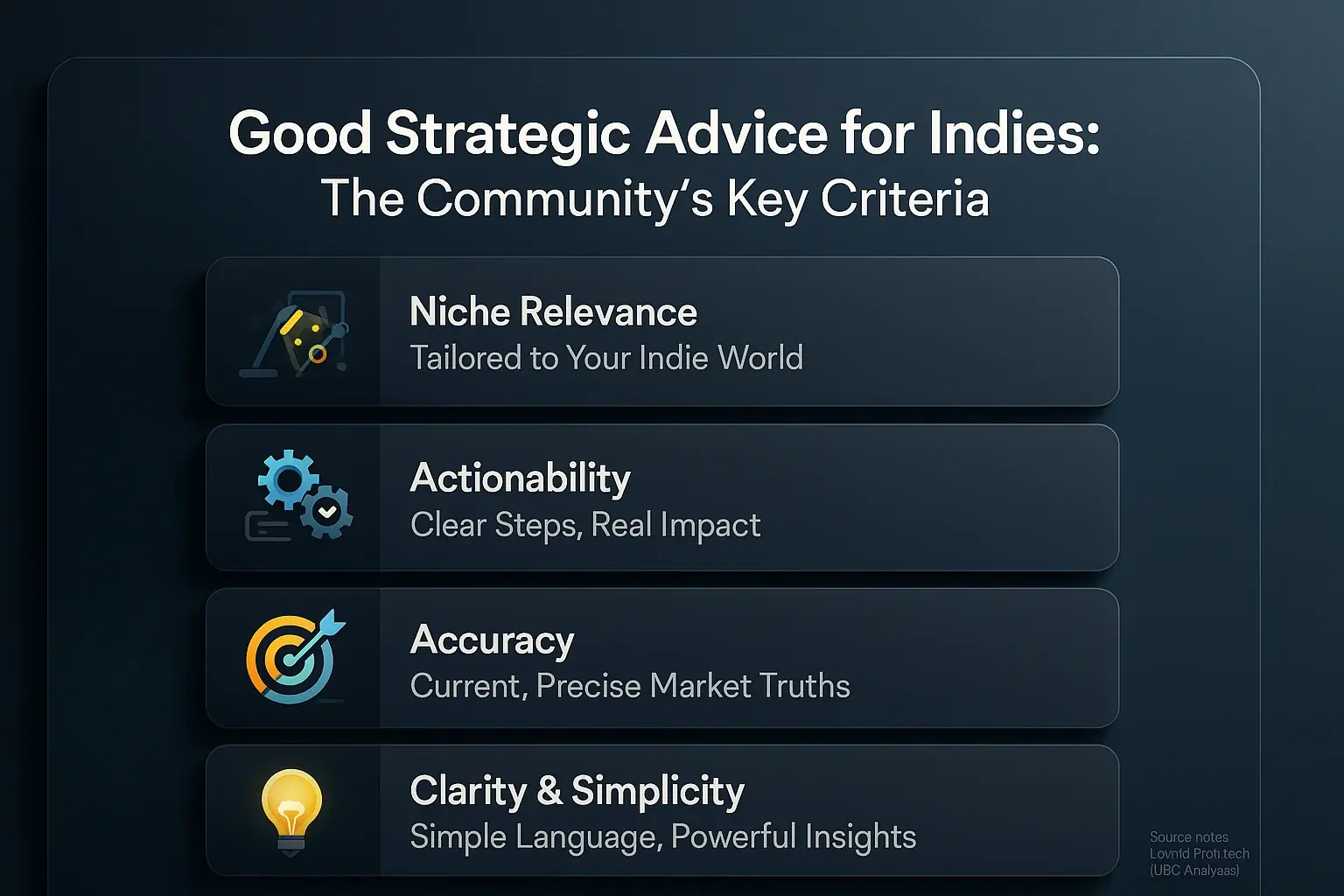 Stylized checklist with icons for good indie advice criteria: Niche Relevance, Actionability, Accuracy, Bias Mitigation.