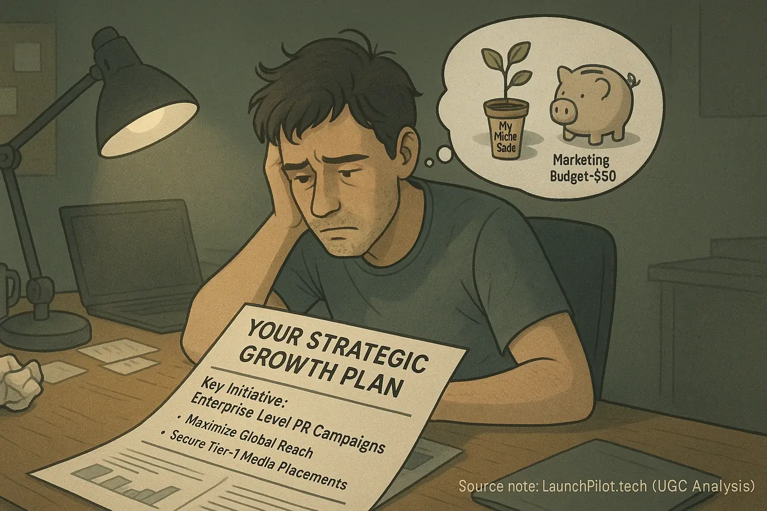 Frustrated indie maker with generic advice; thought bubble reveals its niche limitation.
