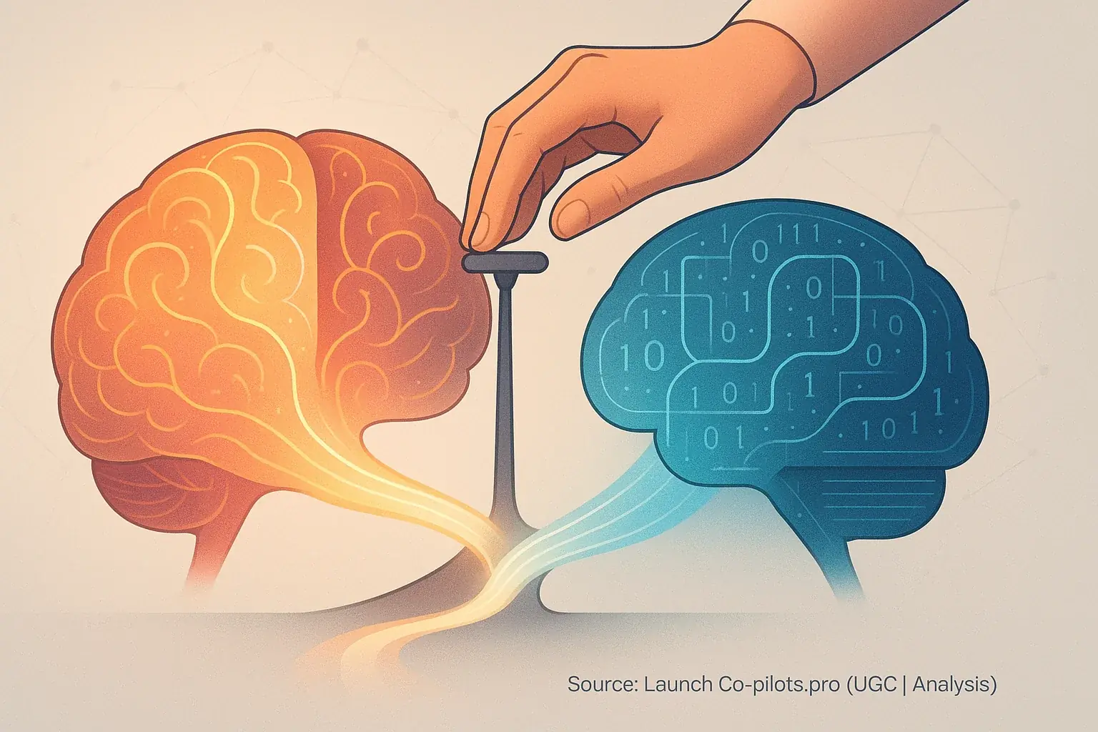 Human hand guides collaboration between glowing intuition brain and glowing data-logic brain, ensuring human-led synergy.