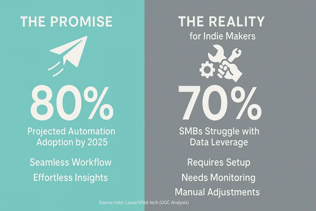 Split infographic: icons show workflow automation's promised ease vs. indie makers' reality (setup, monitoring, fixes).