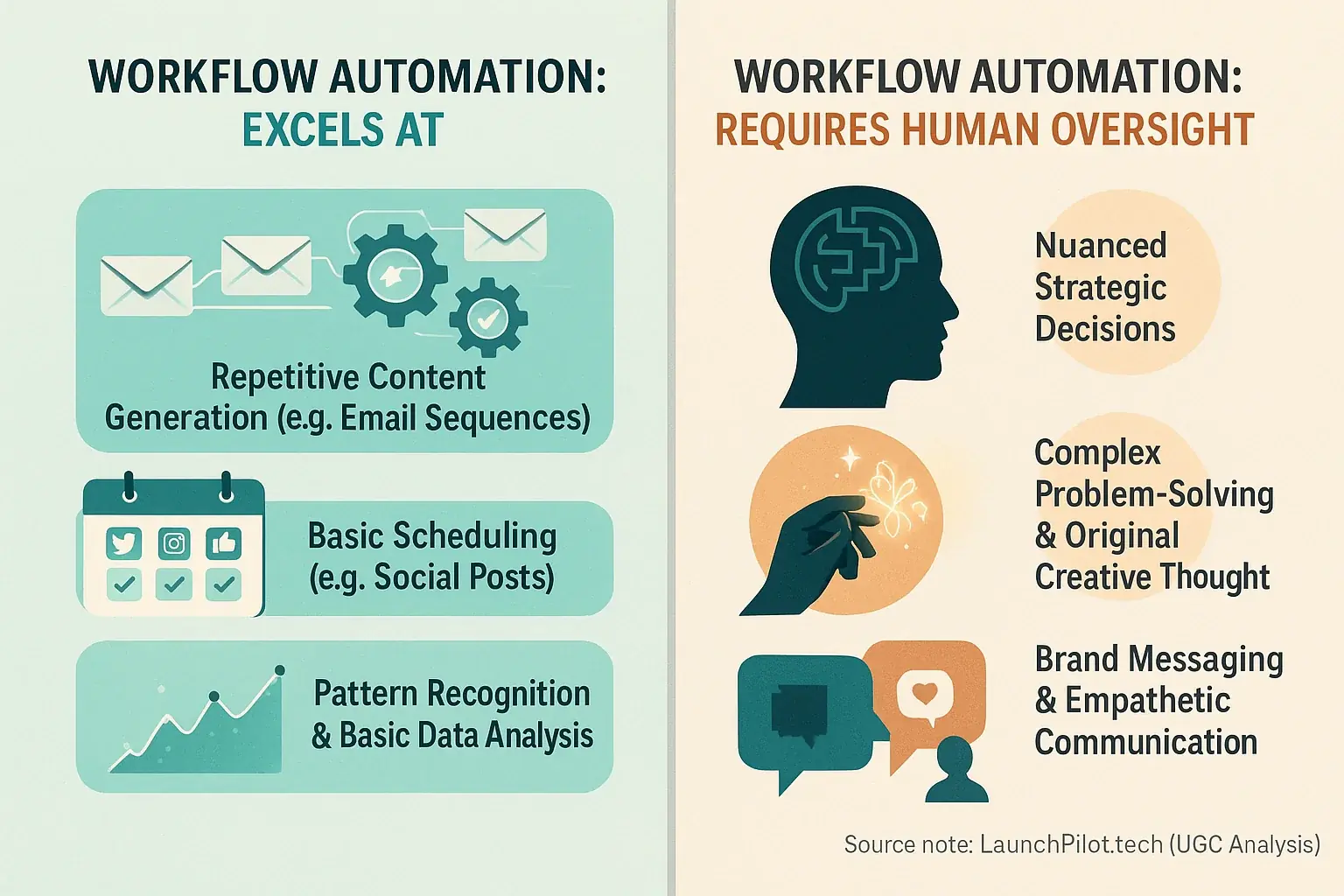 Split view: Automation excels at repetitive tasks (scheduling) but hits a wall with complex strategy (decisions).