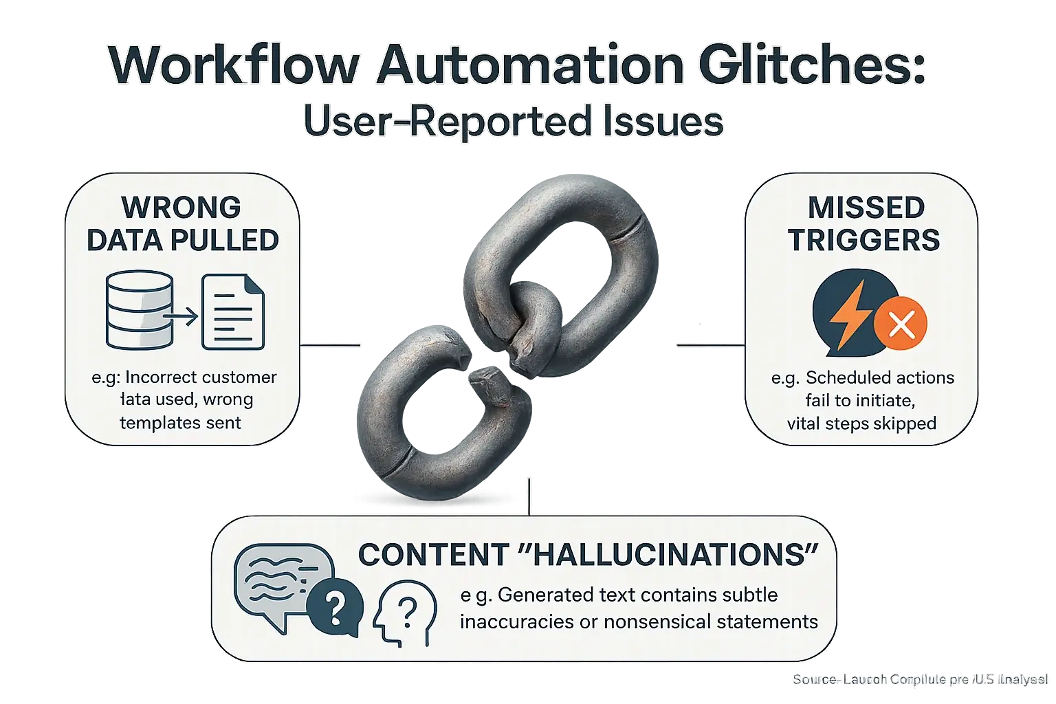 Infographic: Common workflow glitches—data errors, missed triggers, consensus analysis errors—shown by icons & broken gear
