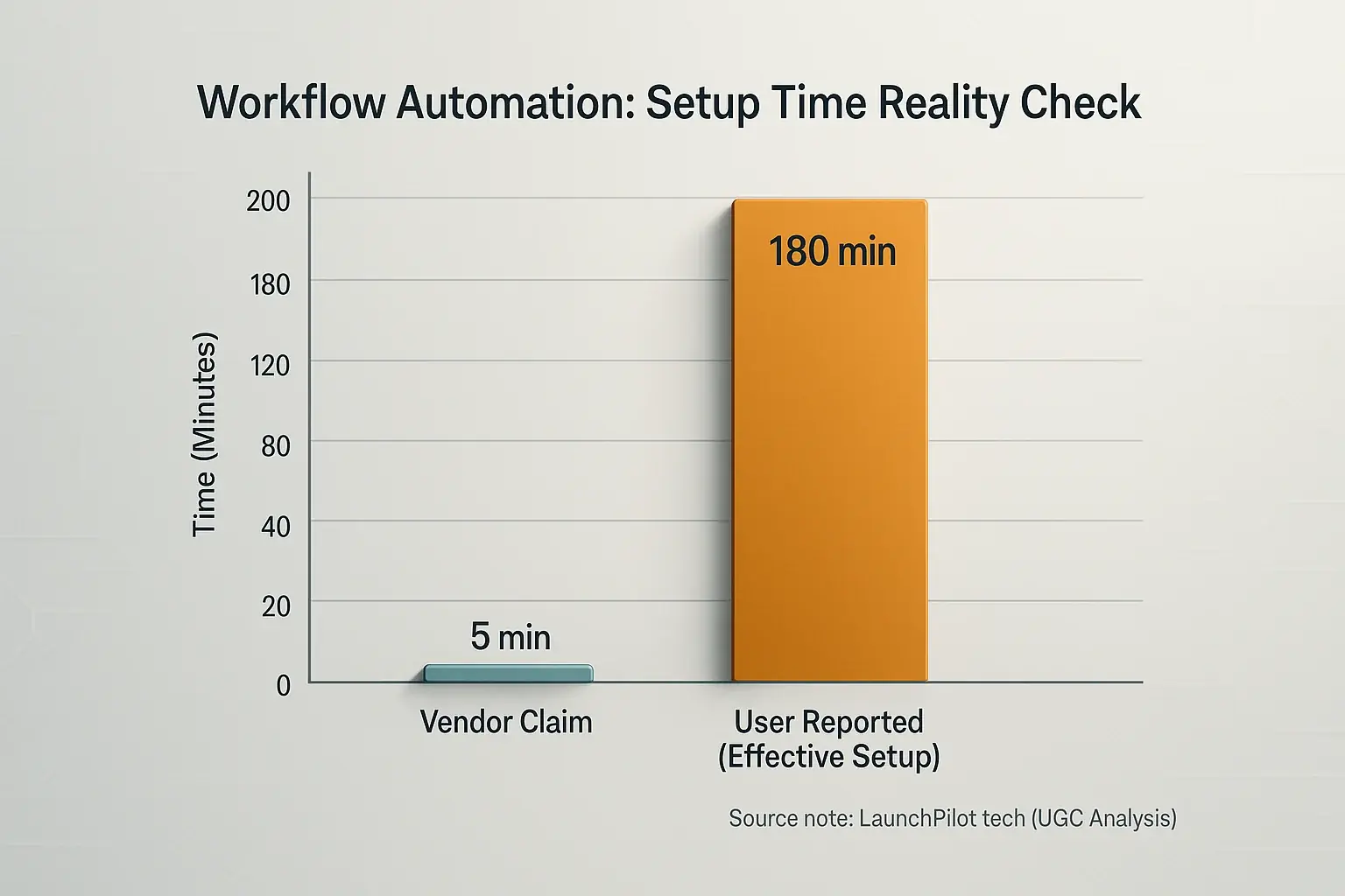 Bar chart comparing vendor claims to much longer user-reported setup times for workflow tools, showing real setup duration.