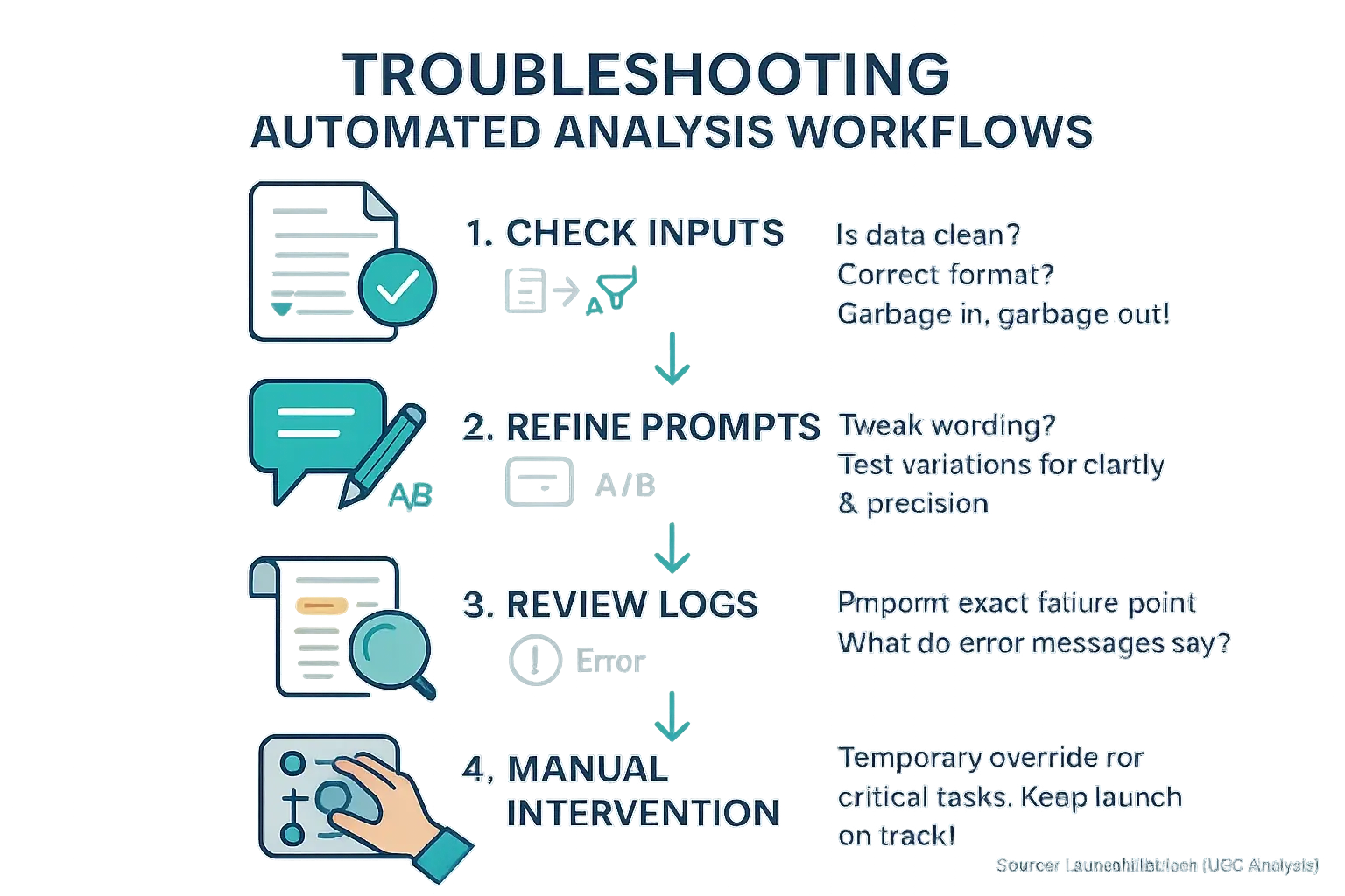 Troubleshooting automation flowchart: check inputs, refine prompts, review logs, manual steps. Icons & arrows.