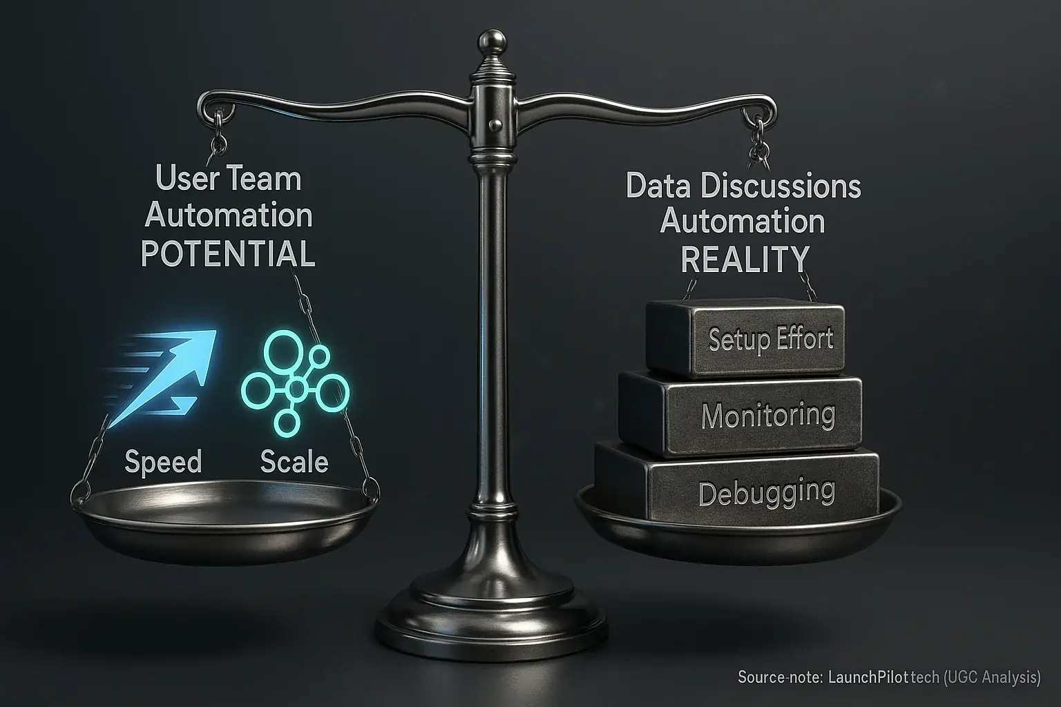 Scale: Automation's potential (speed, scale) slightly outweighs its heavily weighted realities (setup, monitoring,