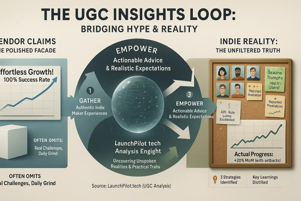 UGC Insights Loop infographic: a cycle transforming user feedback into actionable advice, exposing vendor hype vs. indie