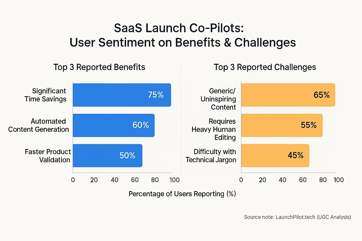 Bar chart: Top 3 UGC benefits (highs) & challenges (lows) for SaaS co-pilot launches, revealing user sentiment.