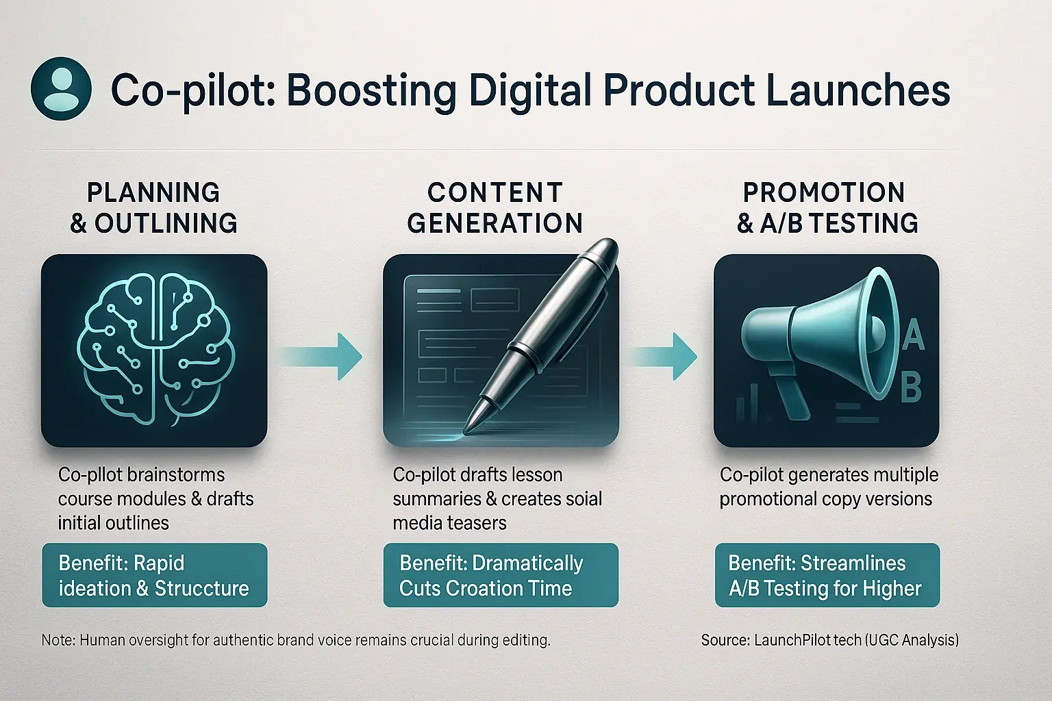 Infographic: Digital product launch stages (courses/ebooks) pinpointing where analytical co-pilots add most value, per user
