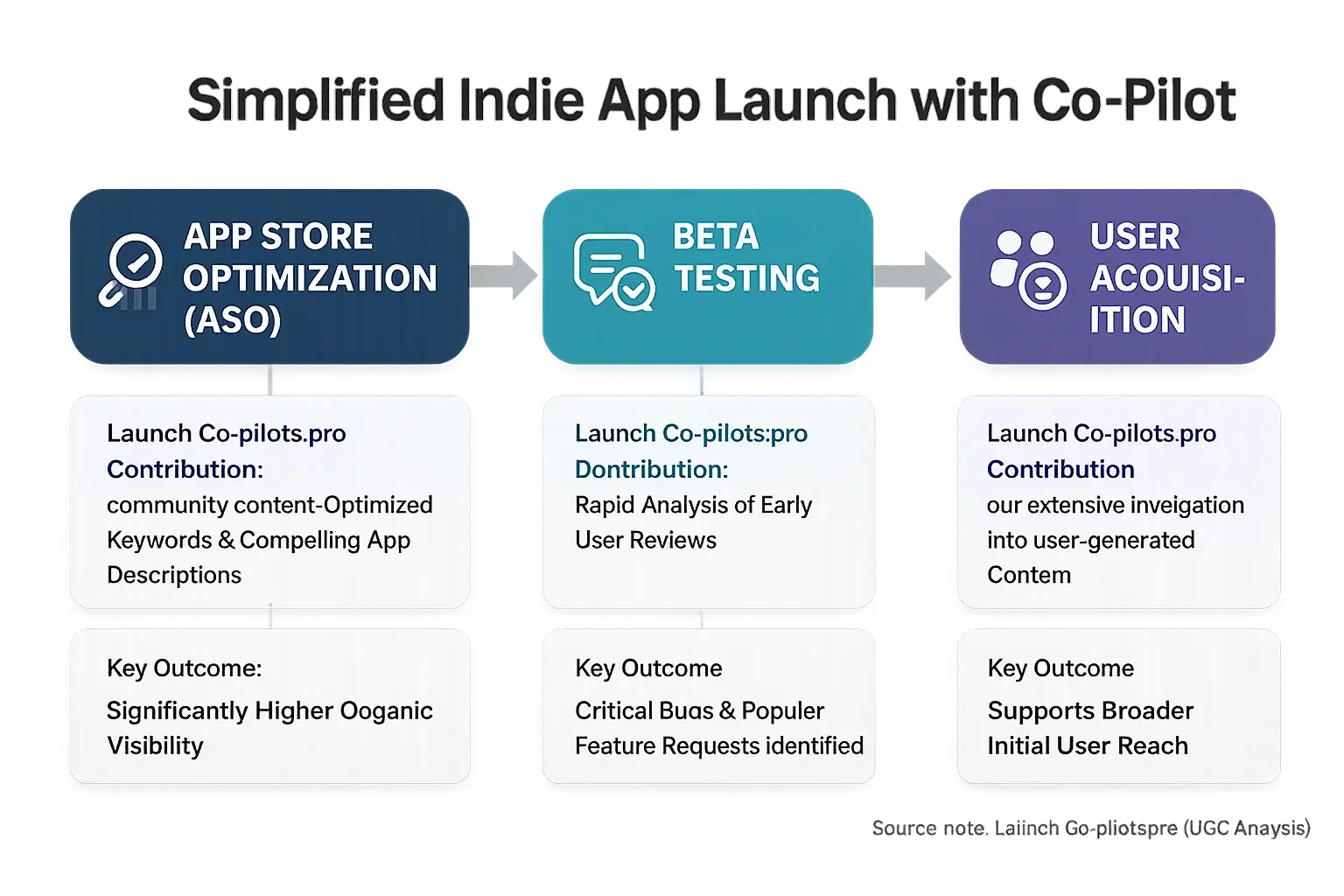 Indie dev app launch flowchart (ASO, Beta, UA) with user-generated team co-pilot contributions.