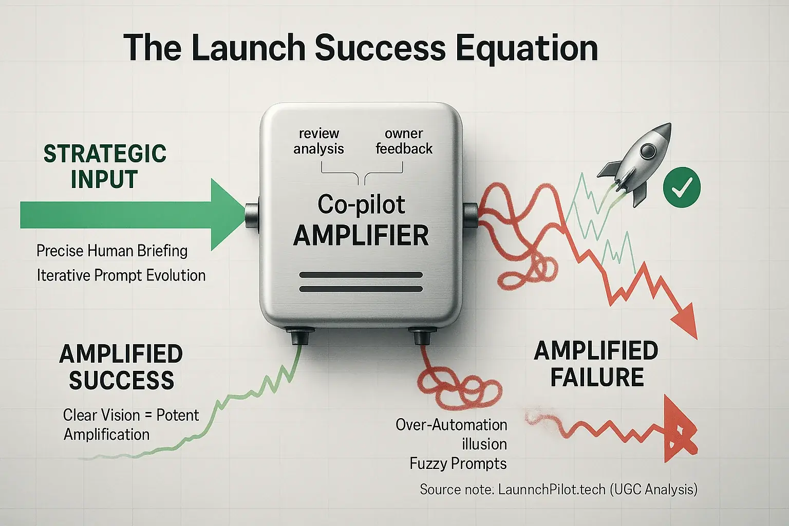 Data system Launch Success Equation: human input & testing drive co-pilot success, avoiding over-automation pitfalls.