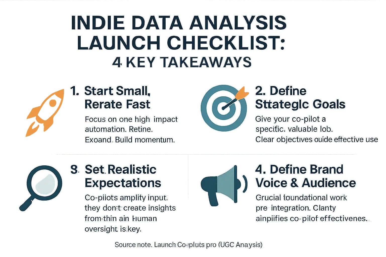 Infographic: Indie Launch Checklist. 5 key takeaways from feedback & case studies; co-pilot integration is key.