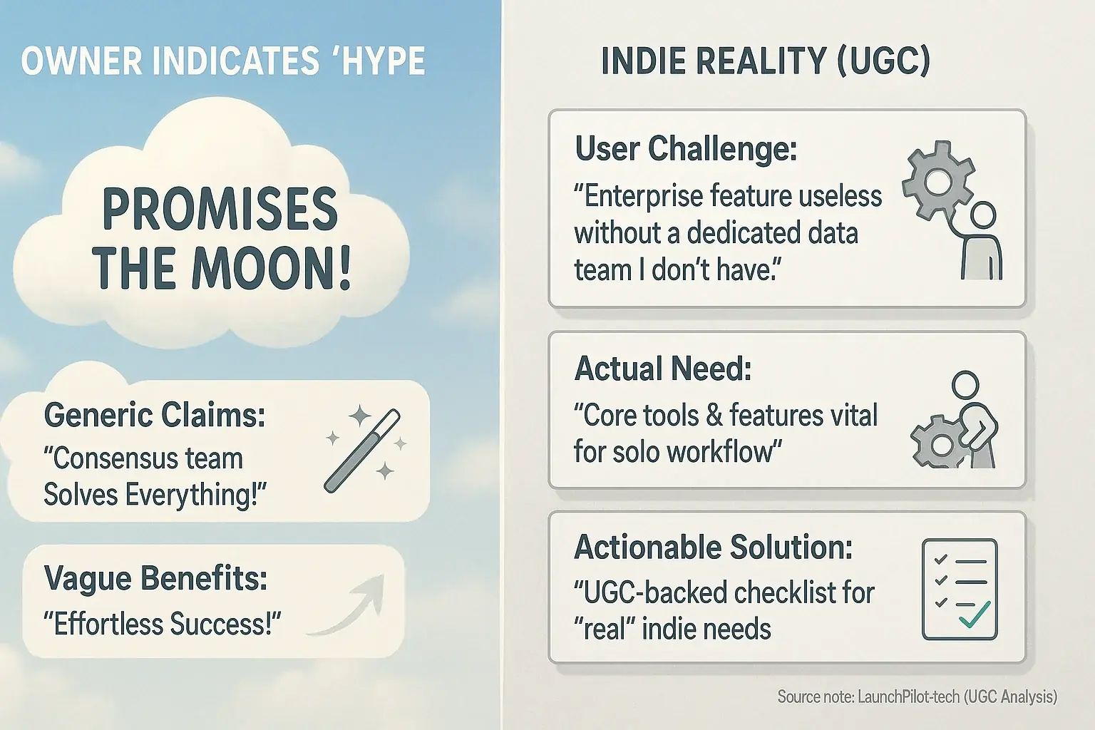 Visual contrast: 'Hype' (fluffy clouds, promises) vs. 'Indie Reality' (concrete steps, user insights) for co-pilot choice.