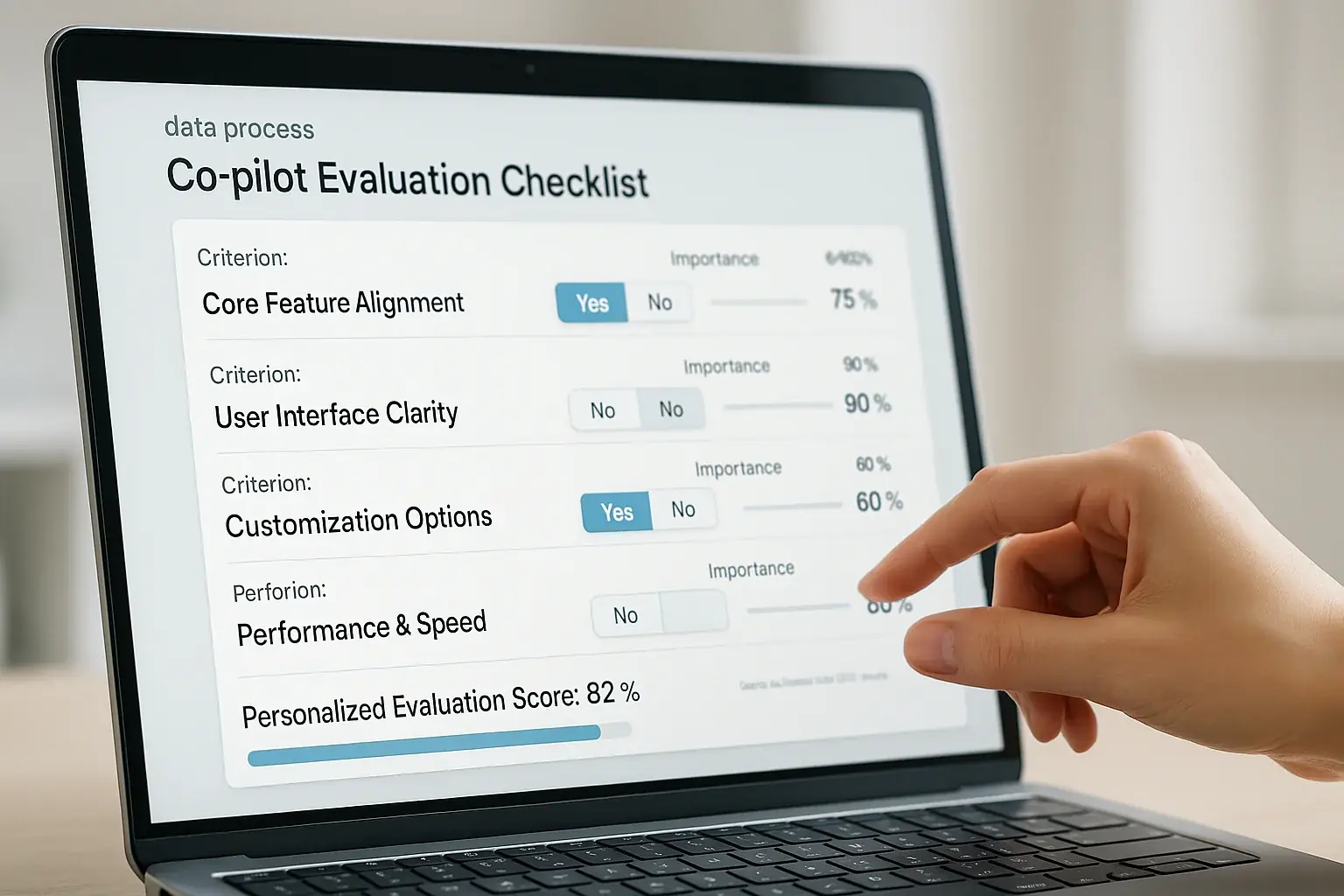Clear, interactive 'community analysis Co-pilot Evaluation Checklist' on laptop, hand adjusting sliders/checkboxes.