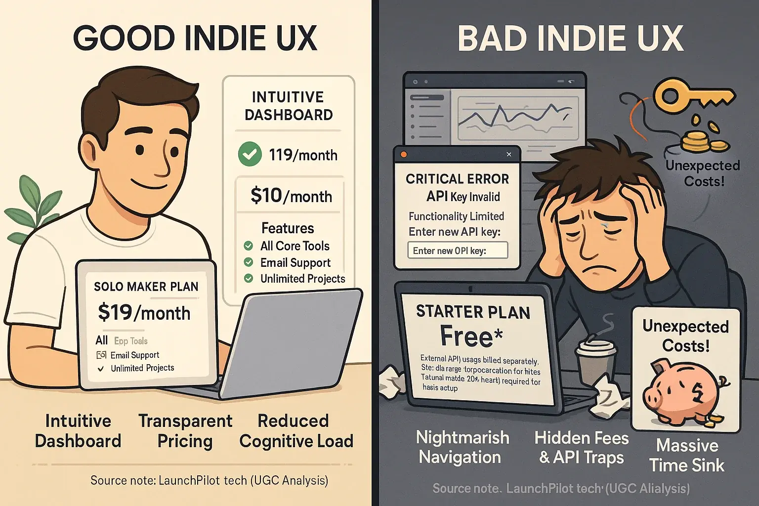 Infographic: Good indie UX (clean, clear pricing, happy maker) vs. Bad UX (cluttered, hidden fees, frustrated maker).