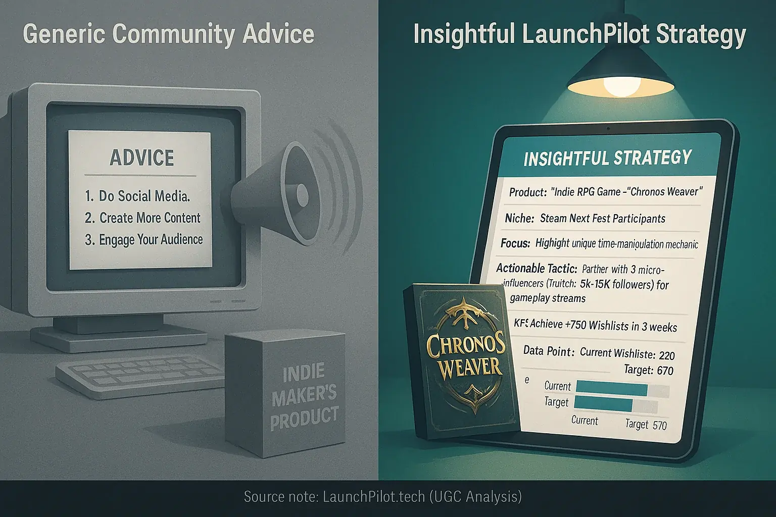 Generic template & megaphone vs. data-rich plan & spotlight; insightful strategy helps indie makers stand out.