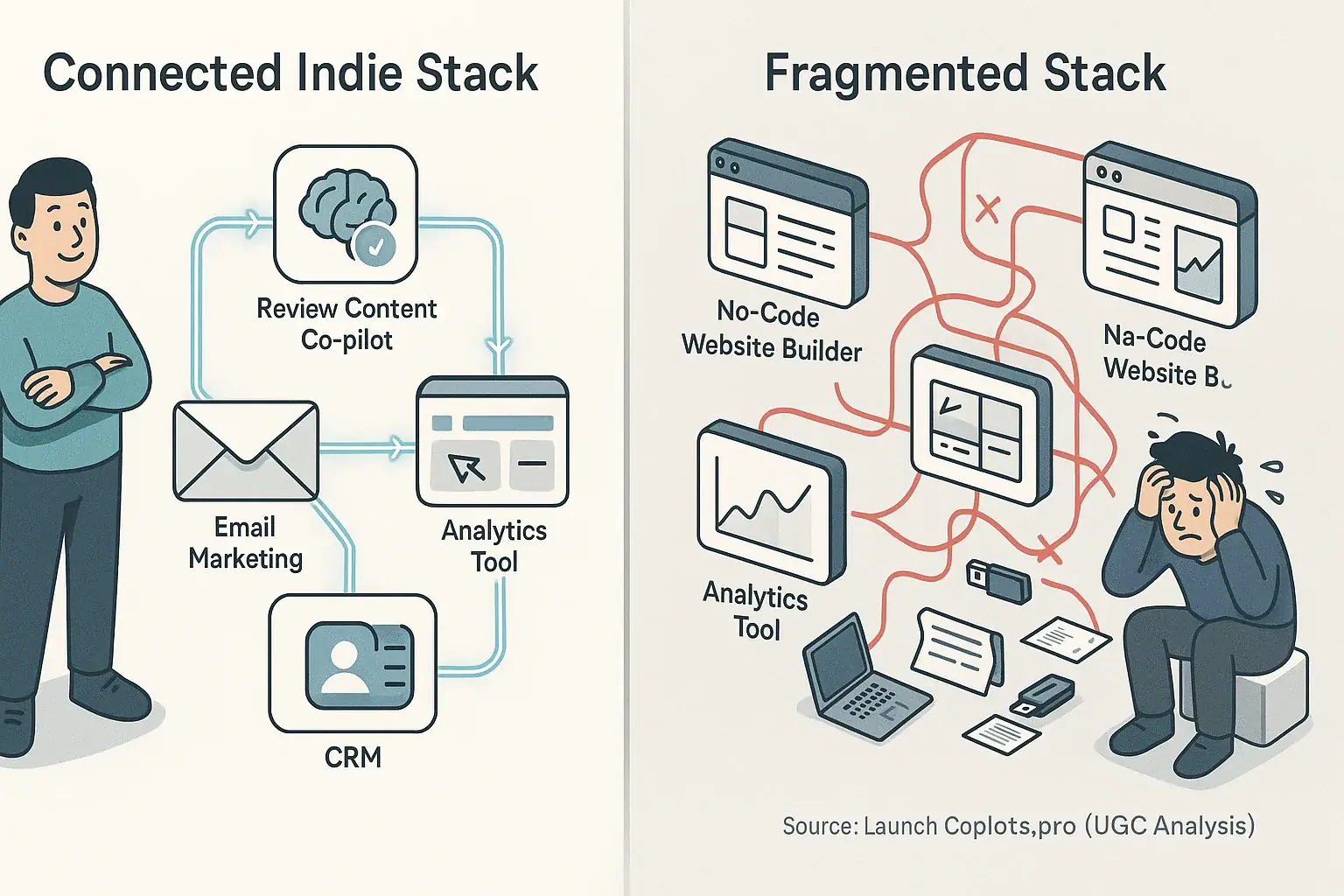 Happy maker with integrated indie tools (feedback co-pilot, email, site, CRM) vs. frustrated maker with fragmented tools.