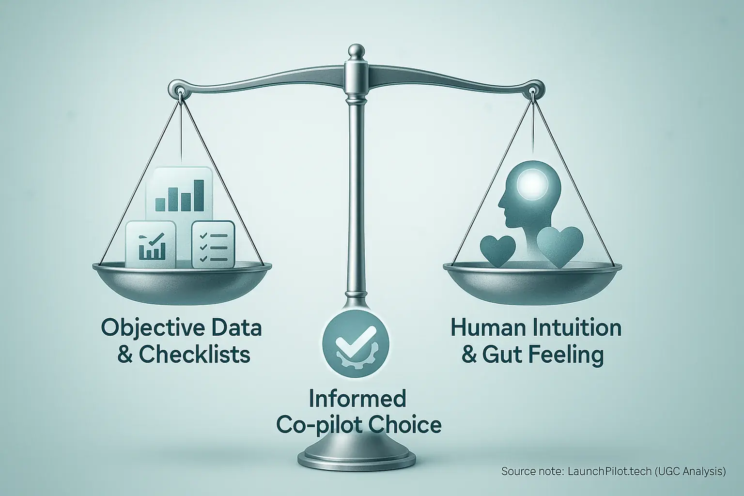 Balanced scale with icons for Data and Intuition, their synergy creating a 'Smart Decision' icon at the center.