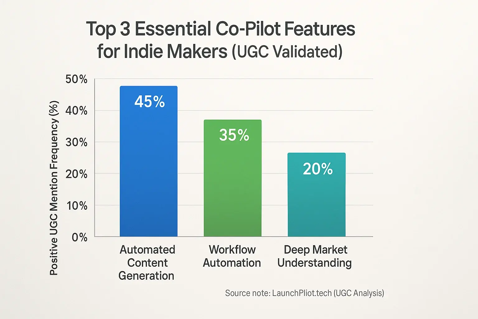 Bar chart: Indie makers' top 3 essential co-pilot review features, ranked by positive UGC mention percentages.