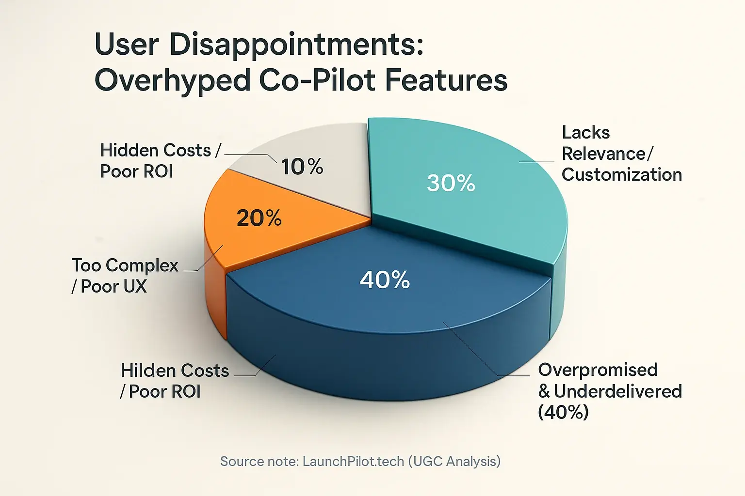 Pie chart: Disappointment distribution for overhyped co-pilots, showing costly issues like unmet promises & complexity.