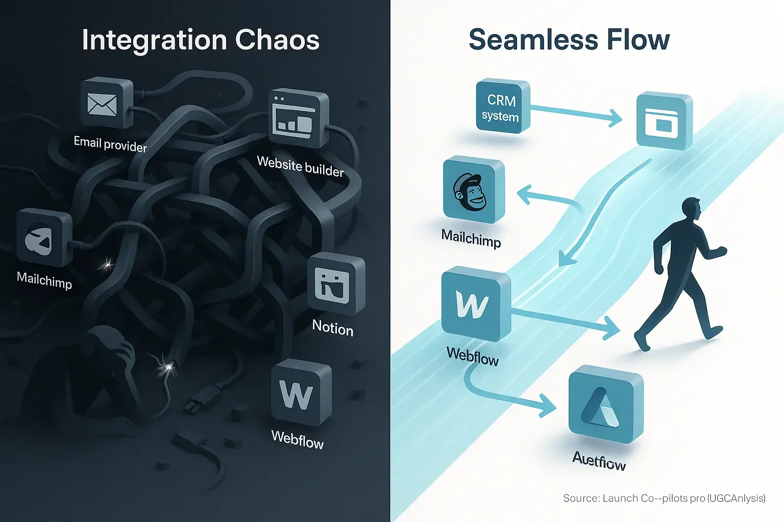 Tangled maze of disconnected tools vs. Mailchimp, Notion, Webflow seamlessly connected on a clear path for user analysis.